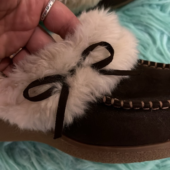 Fur lined wedge slides 8 moccasin clogs brown vegan suede faux sheep whip stitch - Picture 6 of 9